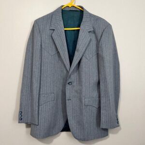 USED Men's Circle S Long Sleeve Blazer Jacket Size 42R Color Grey Lining Green